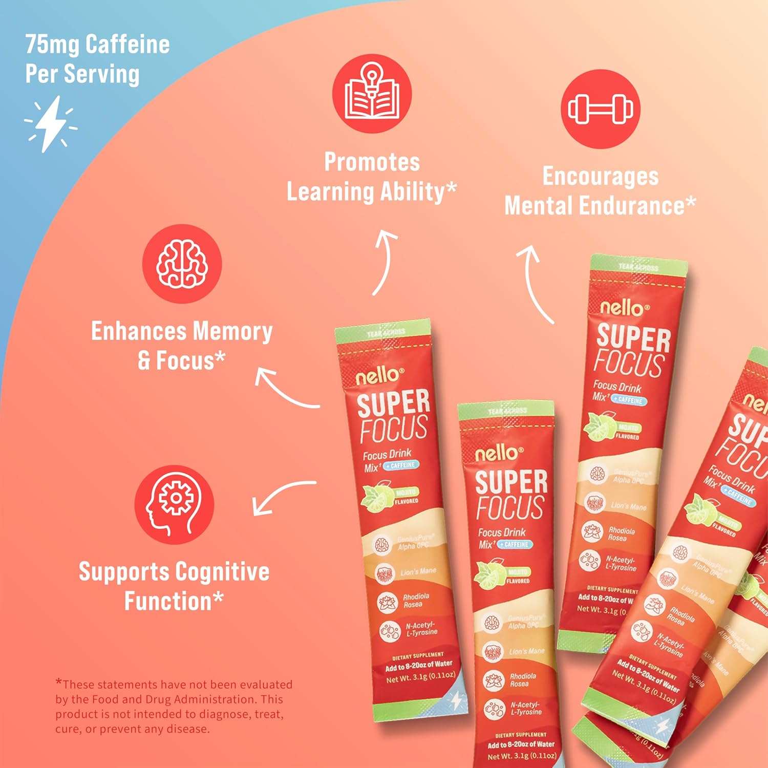 Nello SuperFocus Mojito with Caffeine– Nootropic Focus Drink Mix, 20 On-The-Go Packets, Alpha GPC, Lion’s Mane, Rhodiola, Sugar-Free