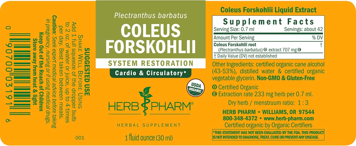 Herb Pharm Coleus Forskohlii Liquid Extract for Heart Health, 1 Fl Oz