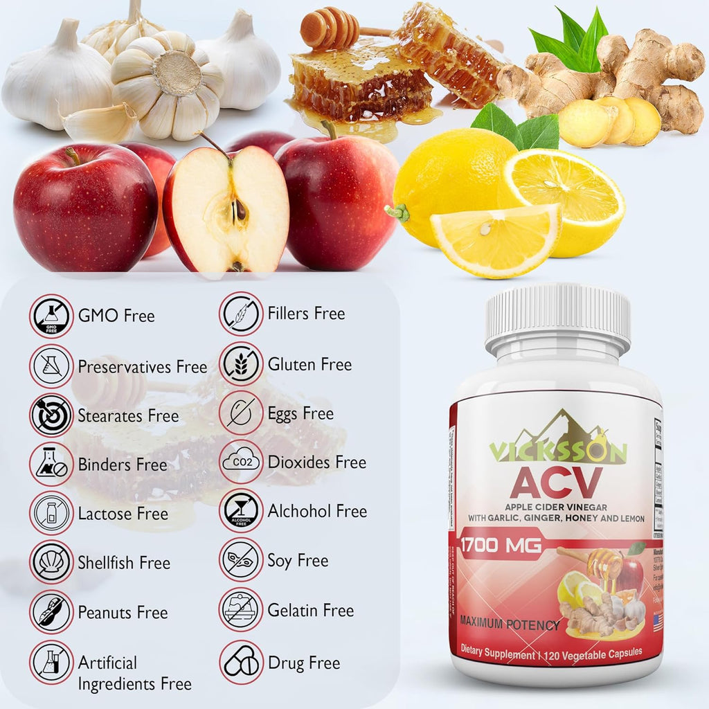Vicksson Apple Cider Vinegar Pills 1700 mg of ACV with Garlic, Ginger, Lemon & Honey for Weight, Detox, Cleanse, Appetite, Bloating, Metabolism & Immune Support | 120 Capsules