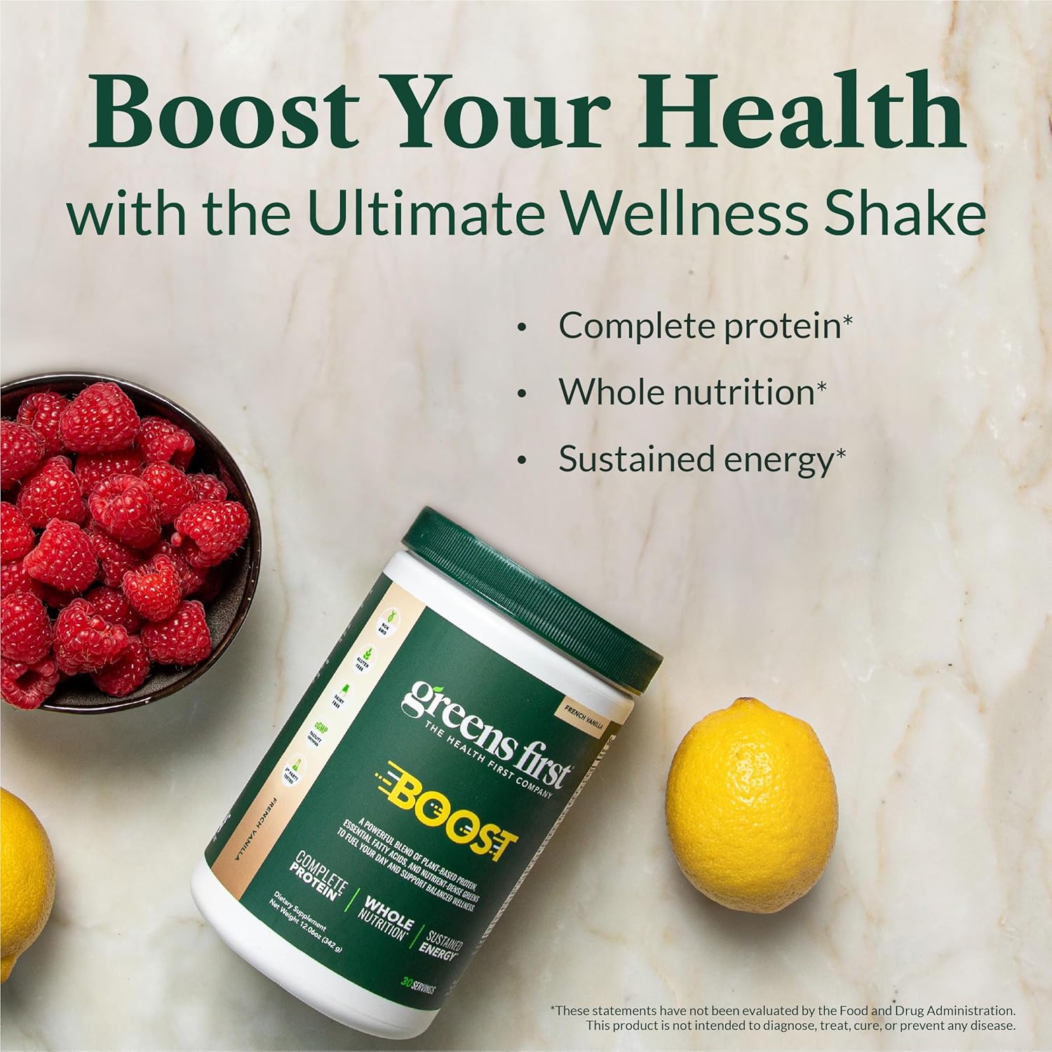 Greens First Boost - Plant-Based Protein & Balanced Nutrition - Superfood Shake Mix - No Wheat or Soy - Dairy-Free - Vegan - French Vanilla, 12.06 oz.