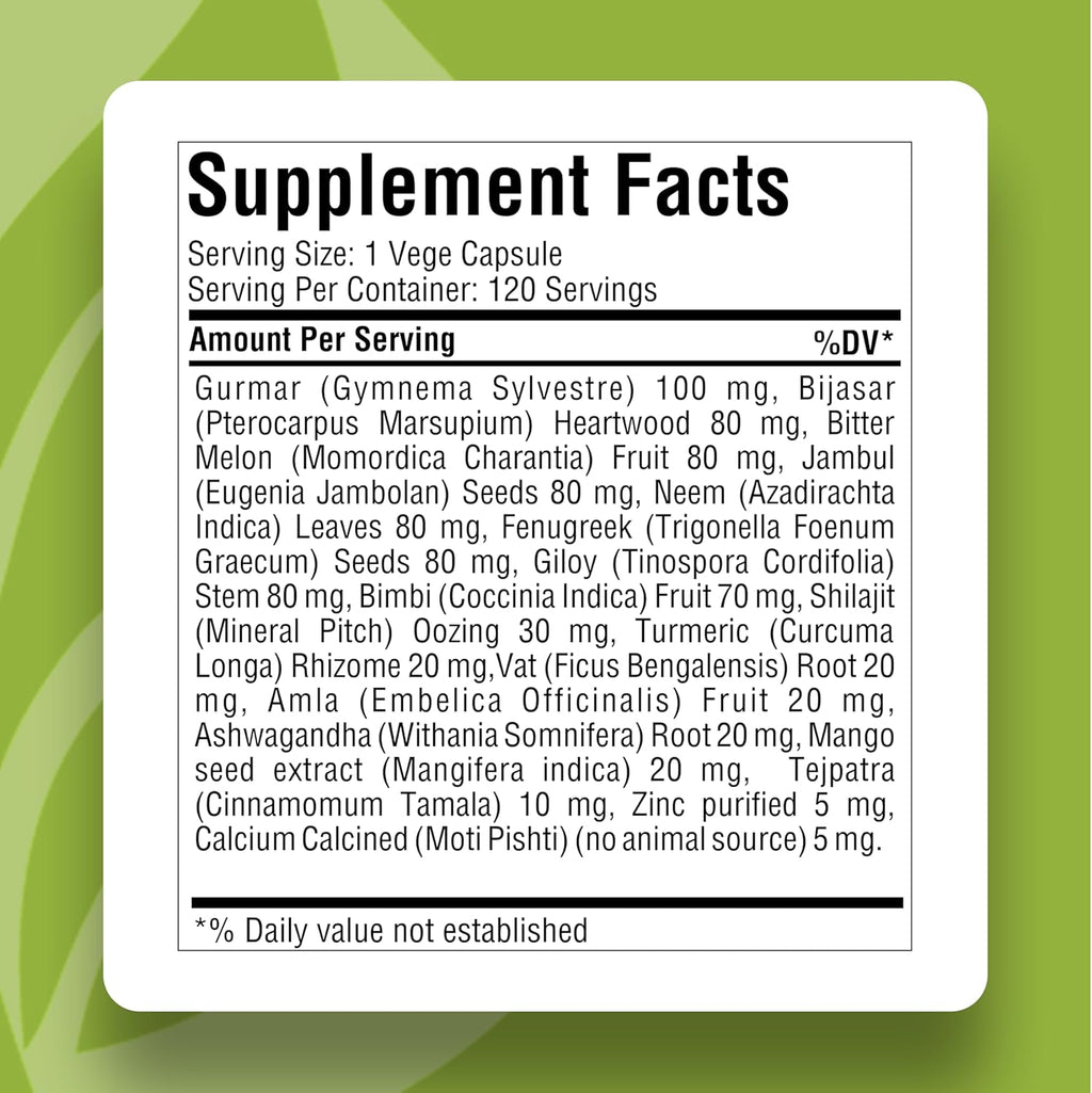 HerbsForever Gluco Health-Supports Blood Sugar-Glucose-Carb Control&Cravings with Gymnema Sylvestre75%,Shilajit,Turmeric,Amla,Cinnamomum+Total Count Herbs17Ayurvedic Herb Extracts|120VegCapsule|800mg