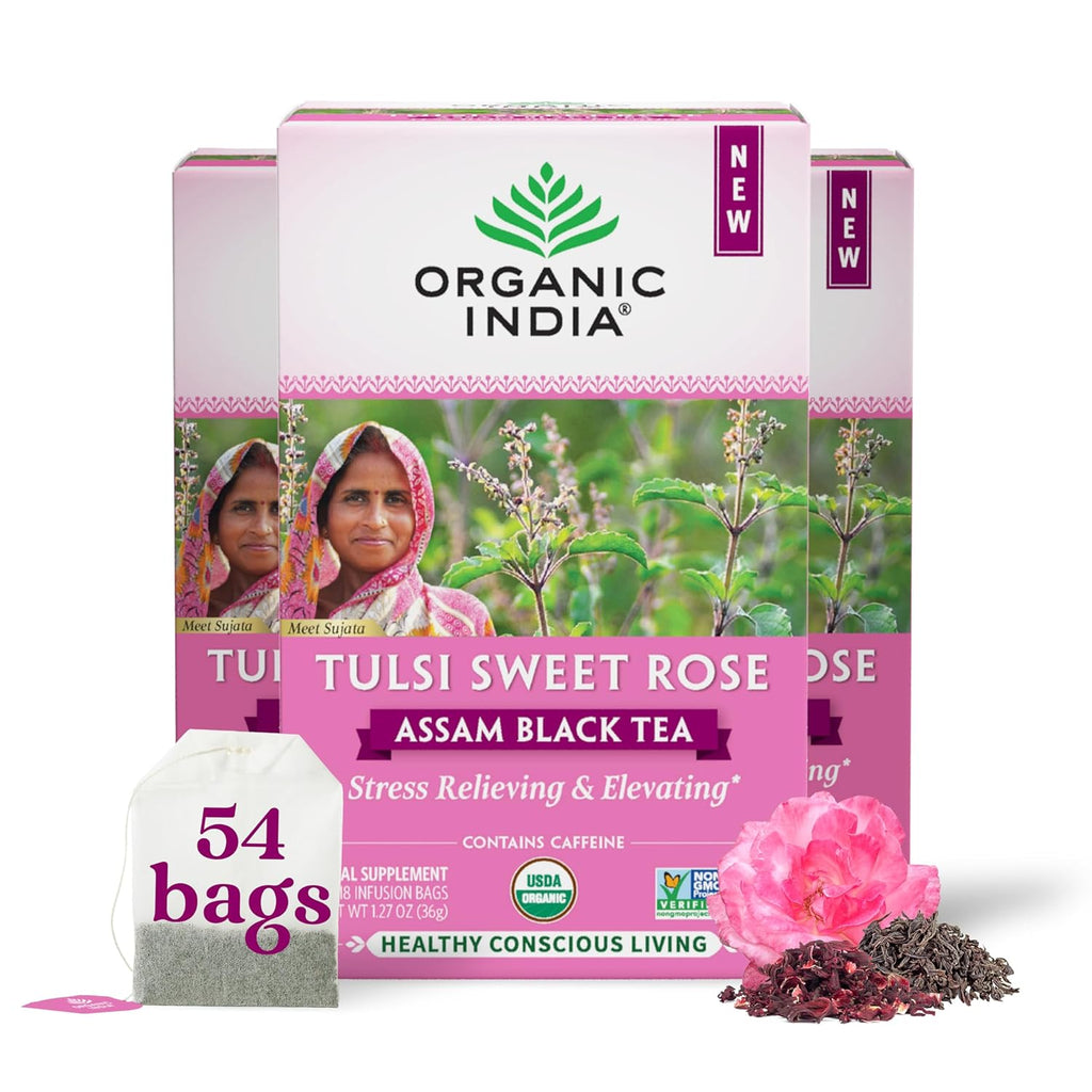 Organic India Tulsi Sweet Rose Assam Black Tea - Stress Relieving & Elevating, 17mg of Caffeine Per Cup, With Ayurvedic Herbs, Vegan, USDA Organic, Non-GMO - 18 Rose Tea Bags (Pack of 3)