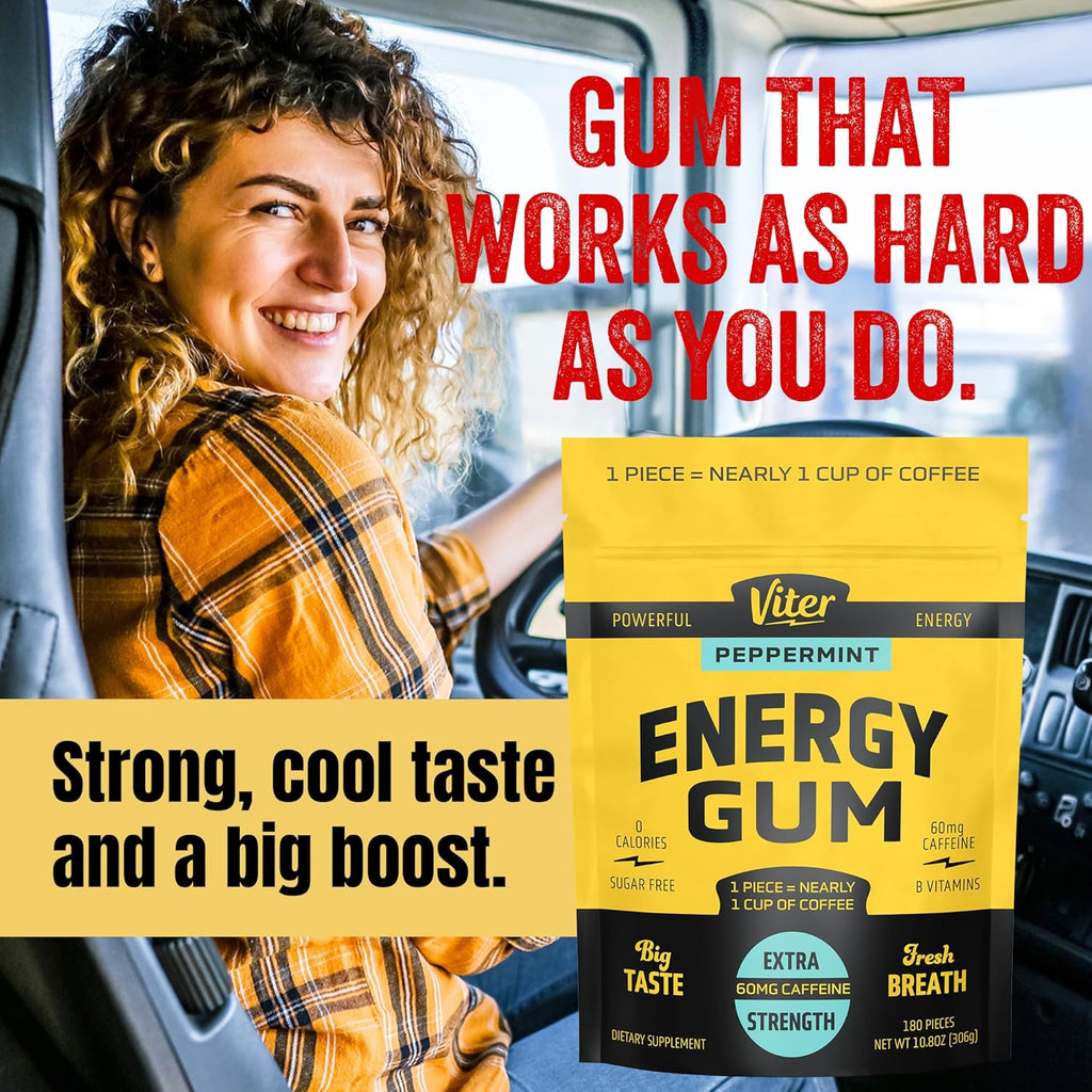 Viter Energy 60mg Caffeine Gum (Peppermint Flavor, 180 Pieces) - Sugar Free, Vitamin B3, B6, B9, B12, Zero Calories, Caffeinated Energy Chews, Nootropic Focus Supplement for Men & Women