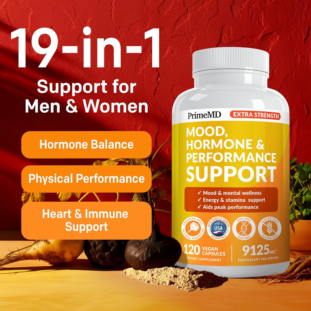 PrimeMD 19-in-1 Extra Strength Peruvian Maca Root Capsules - 9125 mg Ashwagandha Supplements with Fenugreek and Ginseng for Mood, Hormone and Performance Support (120 ct) (2-Pack)
