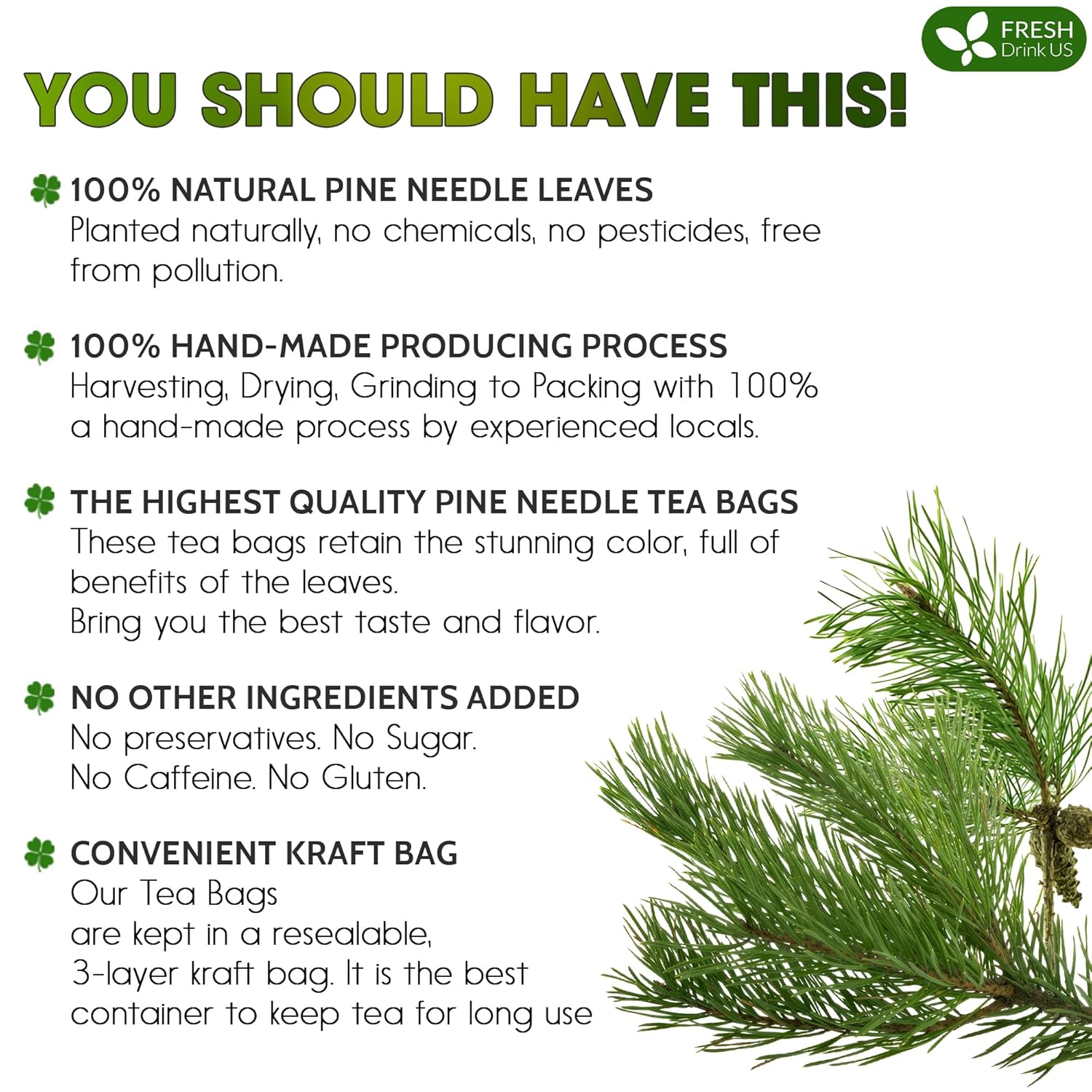 FreshDrinkUS, Pine Needle Tea Bags – 40 Tea Bags, Naturally Caffeine-Free, Refreshing Herbal Tea, Wild-Harvested Pine Leaves, Aromatic and Soothing – Non-GMO & Eco-Friendly Packaging