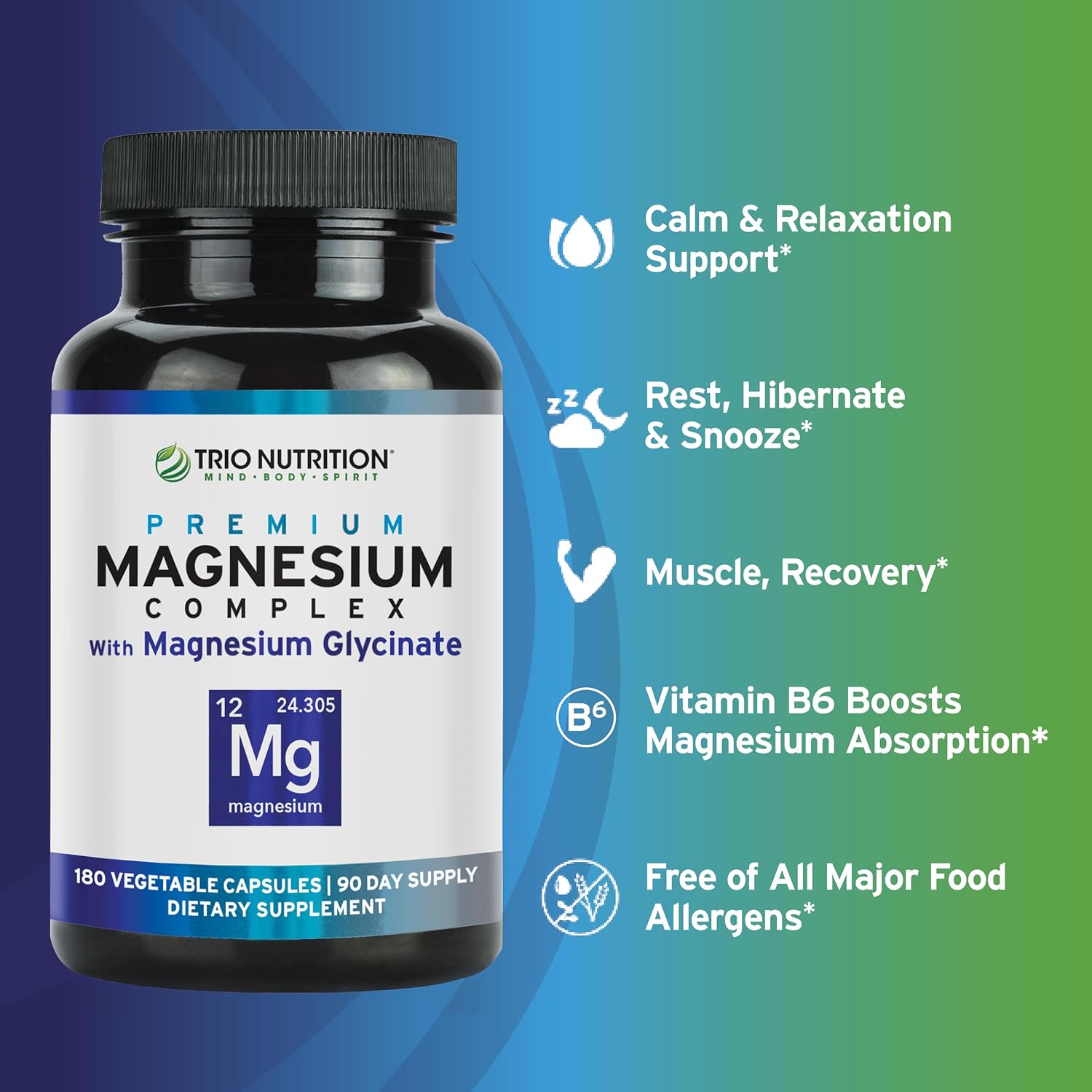 Trio Nutrition Magnesium Complex 90 Day Supply 420 mg | Natural Calm, Relax, Stress Relief, and Muscle Recovery |Magnesium Glycinate Supplement with Vitamin B6 for Rapid Absorption*