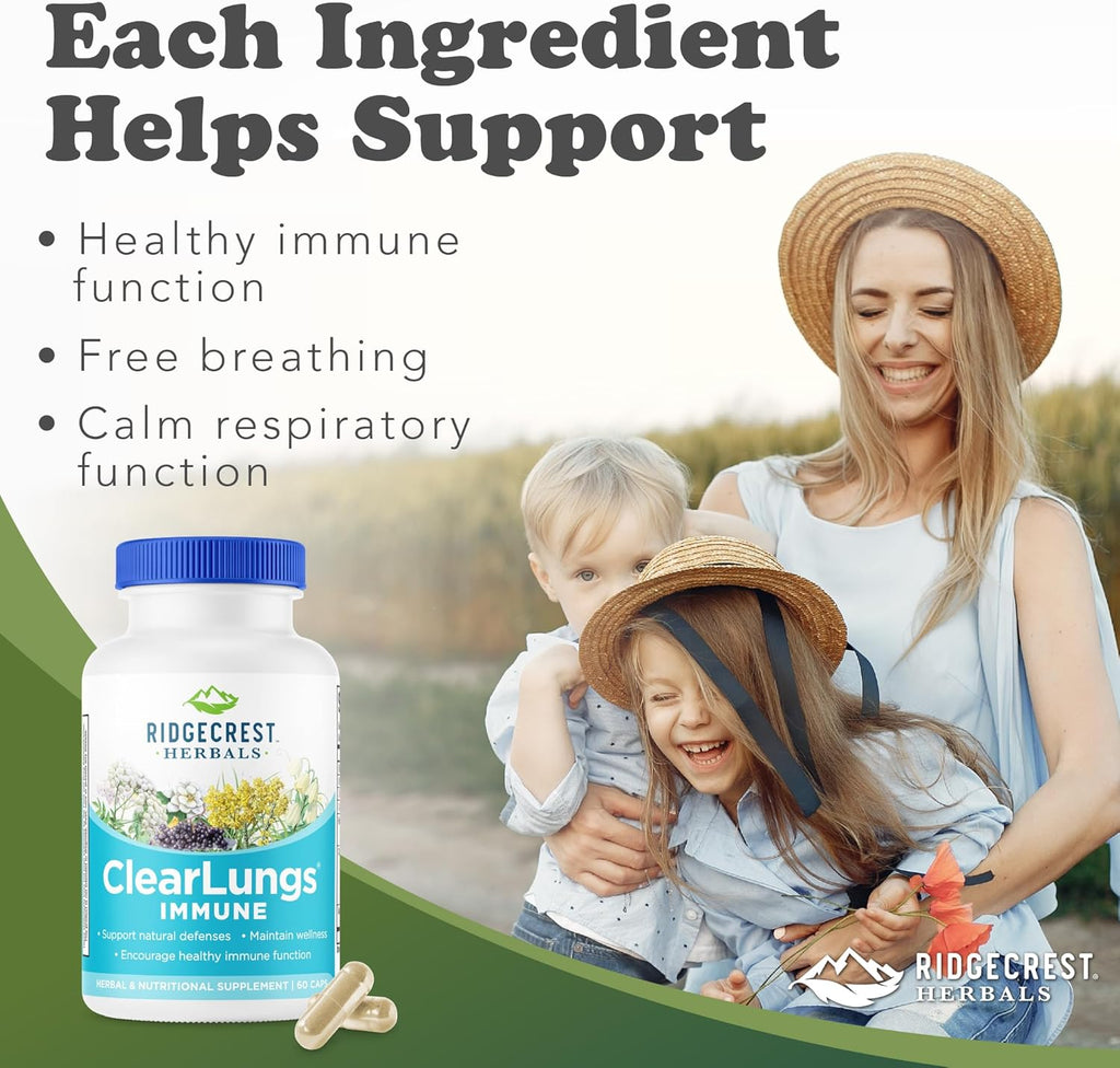 Ridgecrest Herbals ClearLungs Immune, Lung Support Supplement with Mullein, Elderberry, Zinc, Vitamin C, Vitamin A, Olive Leaf (60 Caps, 30 Serv)