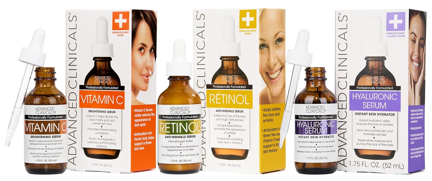 Advanced Clinicals Retinol Serum For Face + Hyaluronic Acid Moisturizer + Vitamin C Serum 3PC Skincare Set For Women & Men | Anti Aging Serums For Brightening, Firming, & Hydrating | 1.75 Fl Oz, 3pc