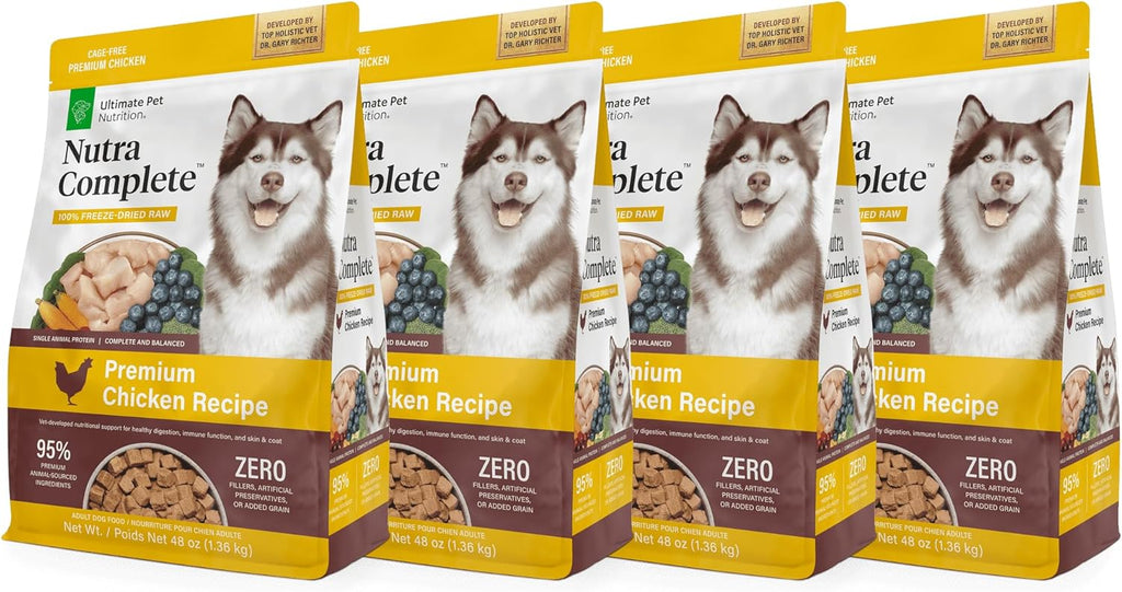 ULTIMATE PET NUTRITION Nutra Complete, 100% Freeze Dried Raw Veterinarian Formulated Dog Food with Antioxidants Prebiotics and Amino Acids (3 Pound (Pack of 4), Chicken)