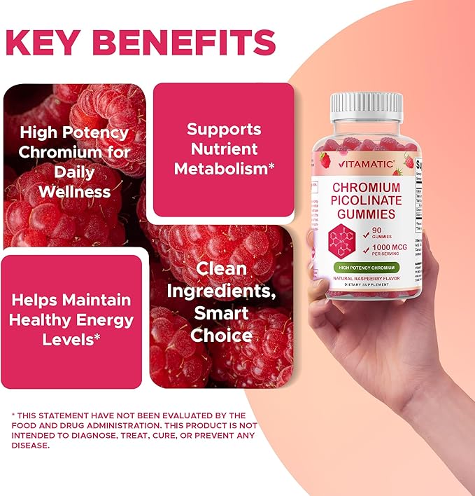 Vitamatic Chromium Picolinate 1000 mcg - 90 Gummies - High Potency Chromium - Raspberry Flavor