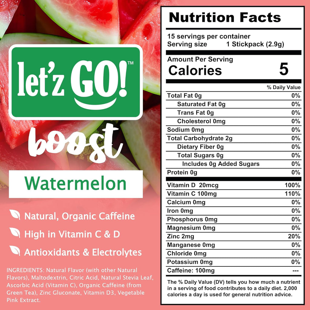 Let'z Go Clean Energy Drink Mix [Healthy Caffeine] Energy Drink Powder With Natural Caffeine Packets, High in Vitamins C + D, Electrolytes, Hydration | Sugar Free | Pre Workout | 15 Count Watermelon