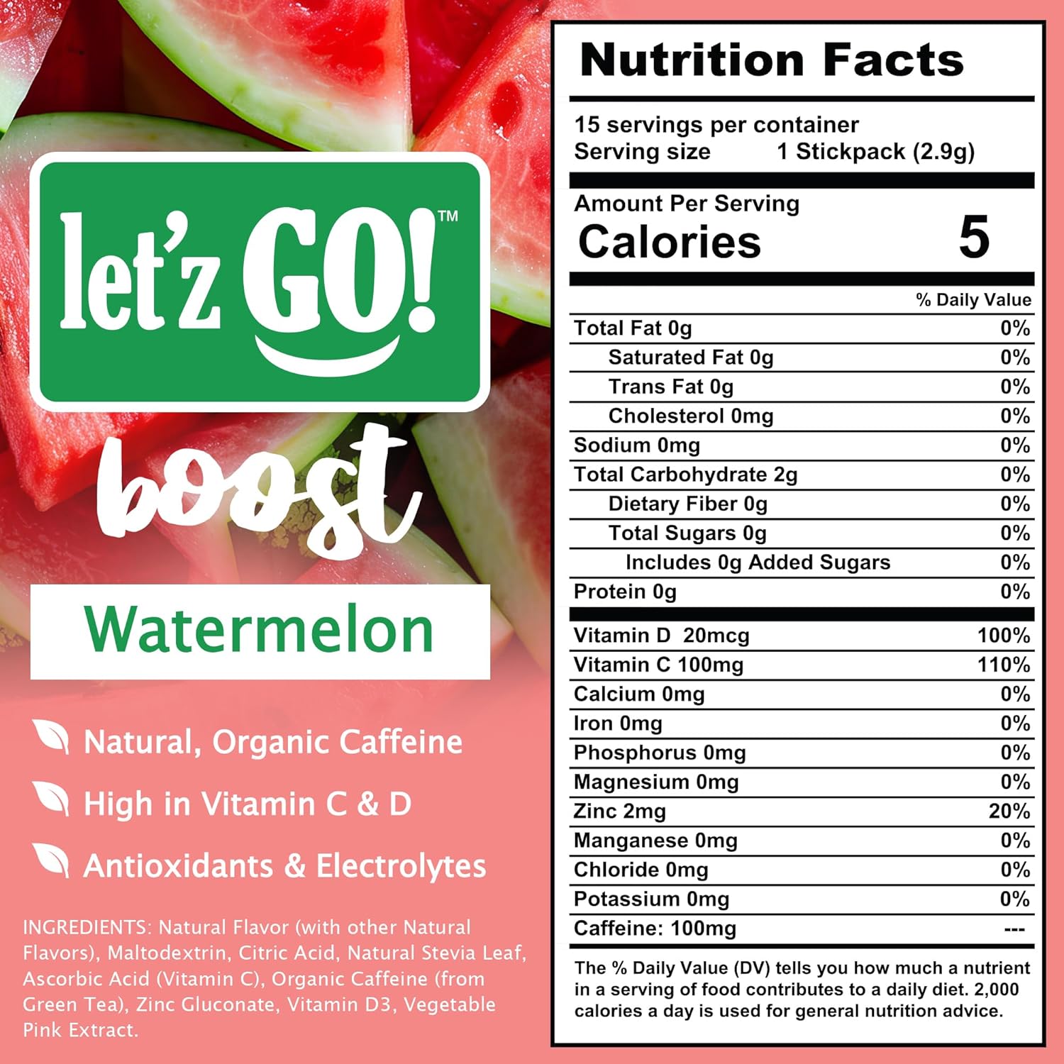 Let'z Go Clean Energy Drink Mix [Healthy Caffeine] Energy Drink Powder With Natural Caffeine Packets, High in Vitamins C + D, Electrolytes, Hydration | Sugar Free | Pre Workout | 15 Count Watermelon