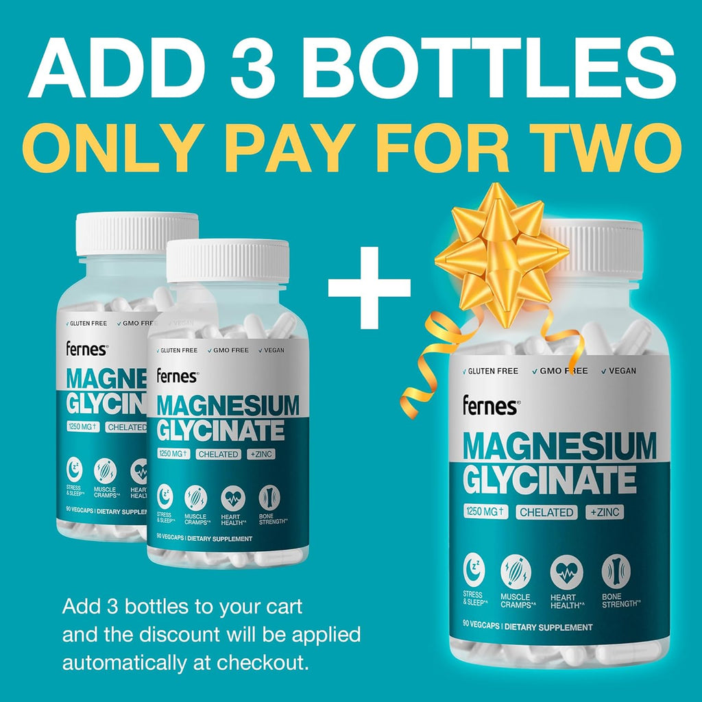Pure Chelated Magnesium Glycinate 1250 mg Supplement with Zinc - Gentle on Stomach, High Absorption, Gluten-Free, Non-GMO, Muscle Cramp & Sleep Support* for Women & Men - Vegan (90 Caps) - Made in USA