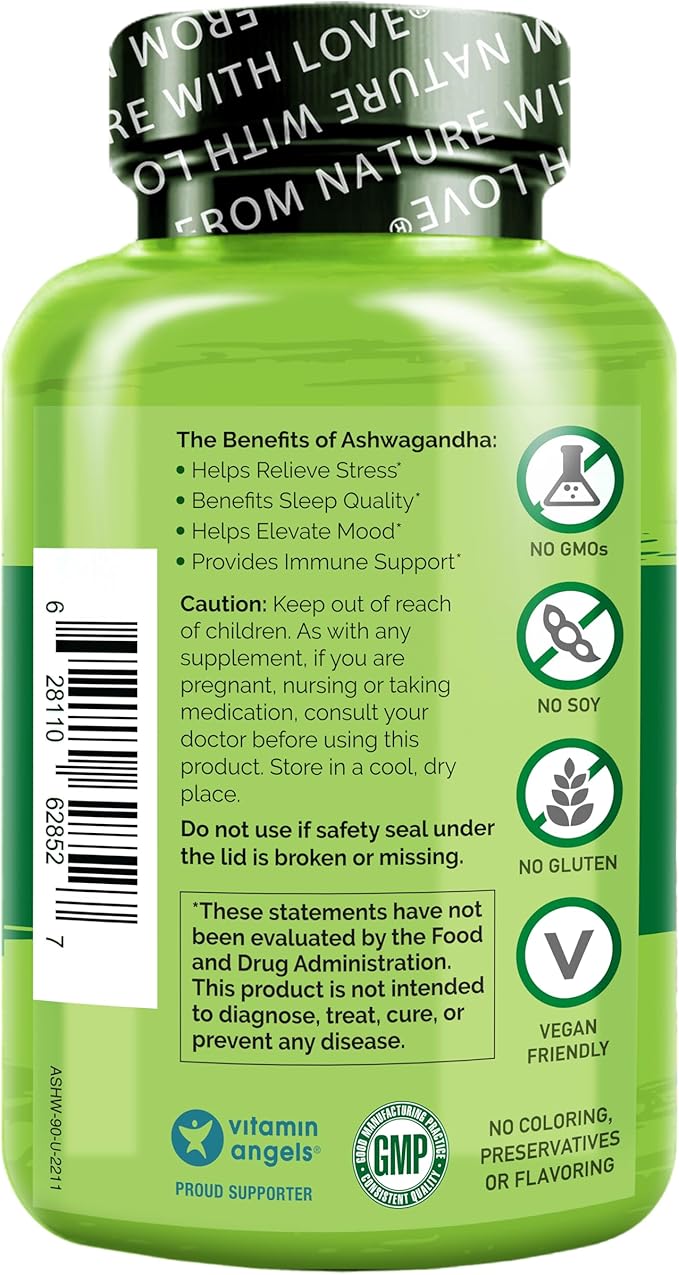 NATURELO Ashwagandha Organic Root Powder - Natural Herbs Supplement for Fatigue, Stress Relief, Mood Enhancer - with Black Pepper Extract - 90 Vegan Capsules