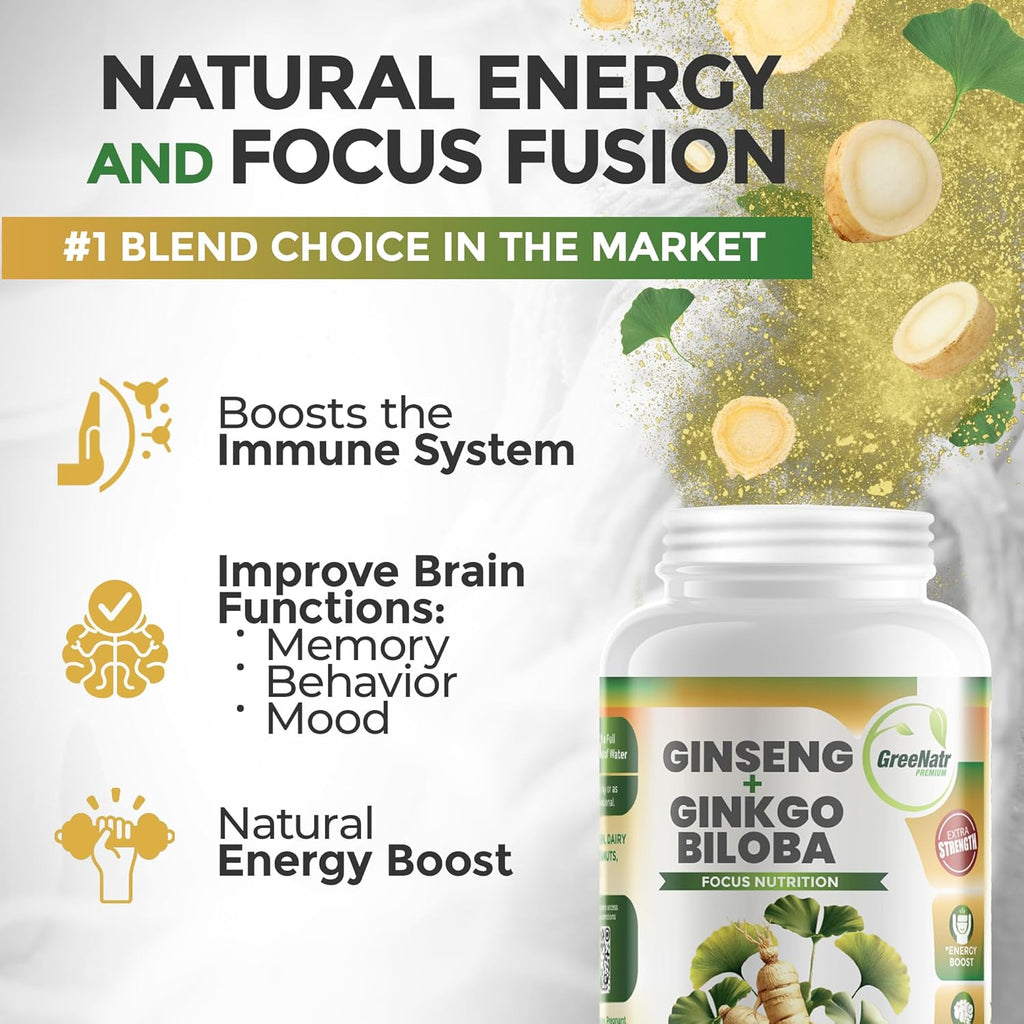 Ginko Biloba & Panax Ginseng Supplement - Red Ginseng Brain Supplement for Memory and Focus - Ginkgo Biloba Supplements for Good Vision, Immune System and Improved Blood Flow - 3 Bottles