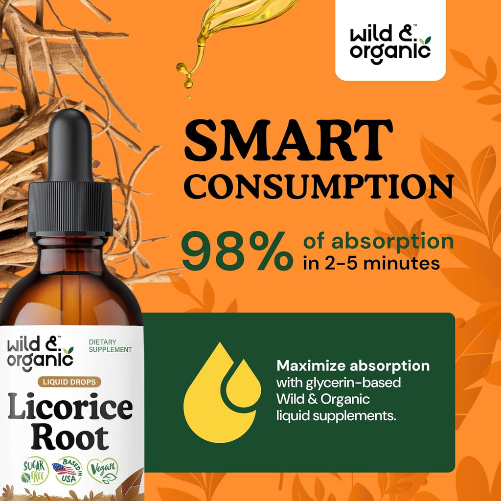 Wild & Organic Licorice Tincture - Digestive Support - Pure Licorice Root Extract Drops - Glycyrrhiza Glabra - Vegan, Sugar & Alcohol-Free Supplement - 2 fl oz