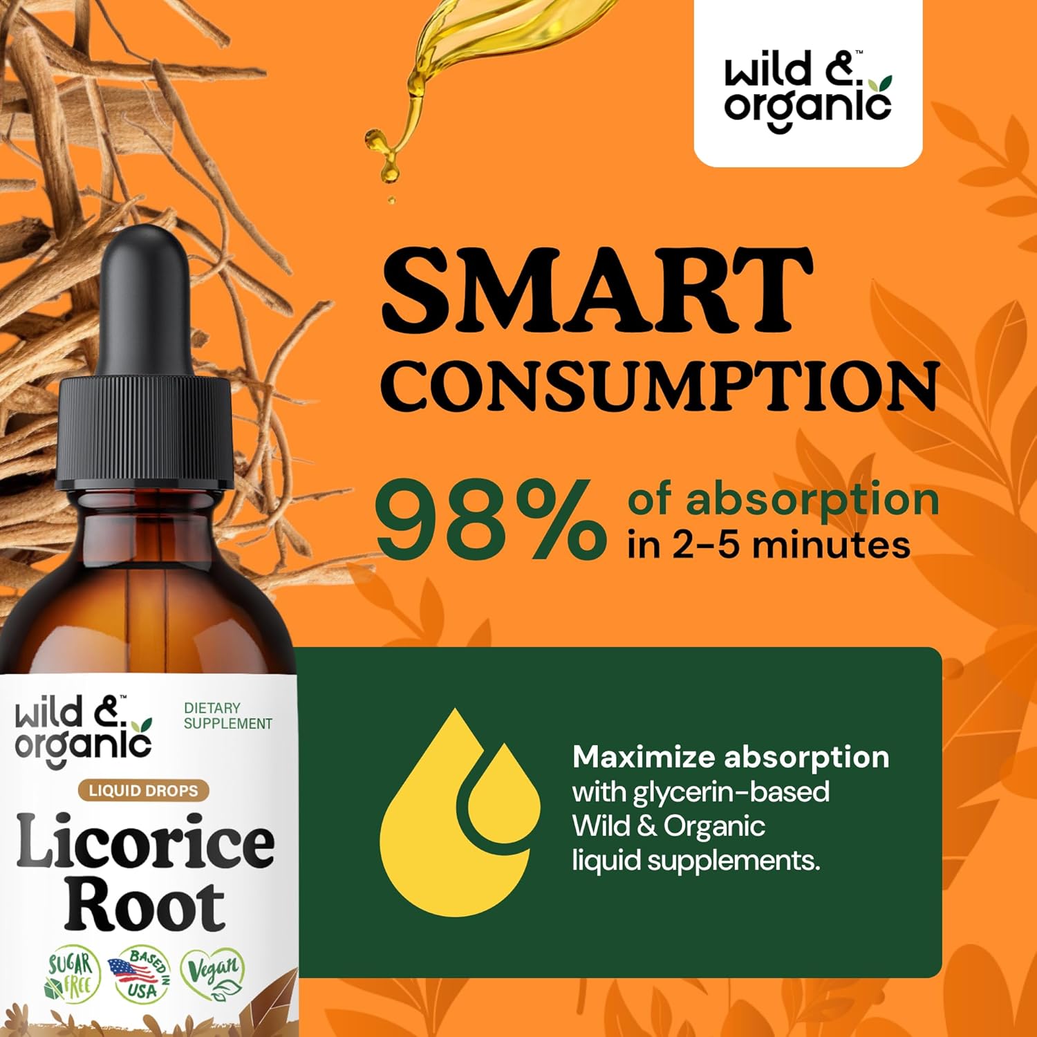 Wild & Organic Licorice Tincture - Digestive Support - Pure Licorice Root Extract Drops - Glycyrrhiza Glabra - Vegan, Sugar & Alcohol-Free Supplement - 2 fl oz