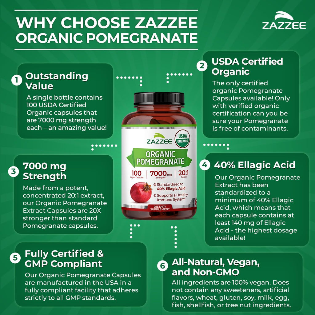 Zazzee USDA Organic Pomegranate 20:1 Extract, 7000 mg Strength, 40% Ellagic Acid, 100 Vegan Capsules, 3+ Month Supply, Standardized 20X Extract, Immune Support, All-Natural, Non-GMO, Made in The USA
