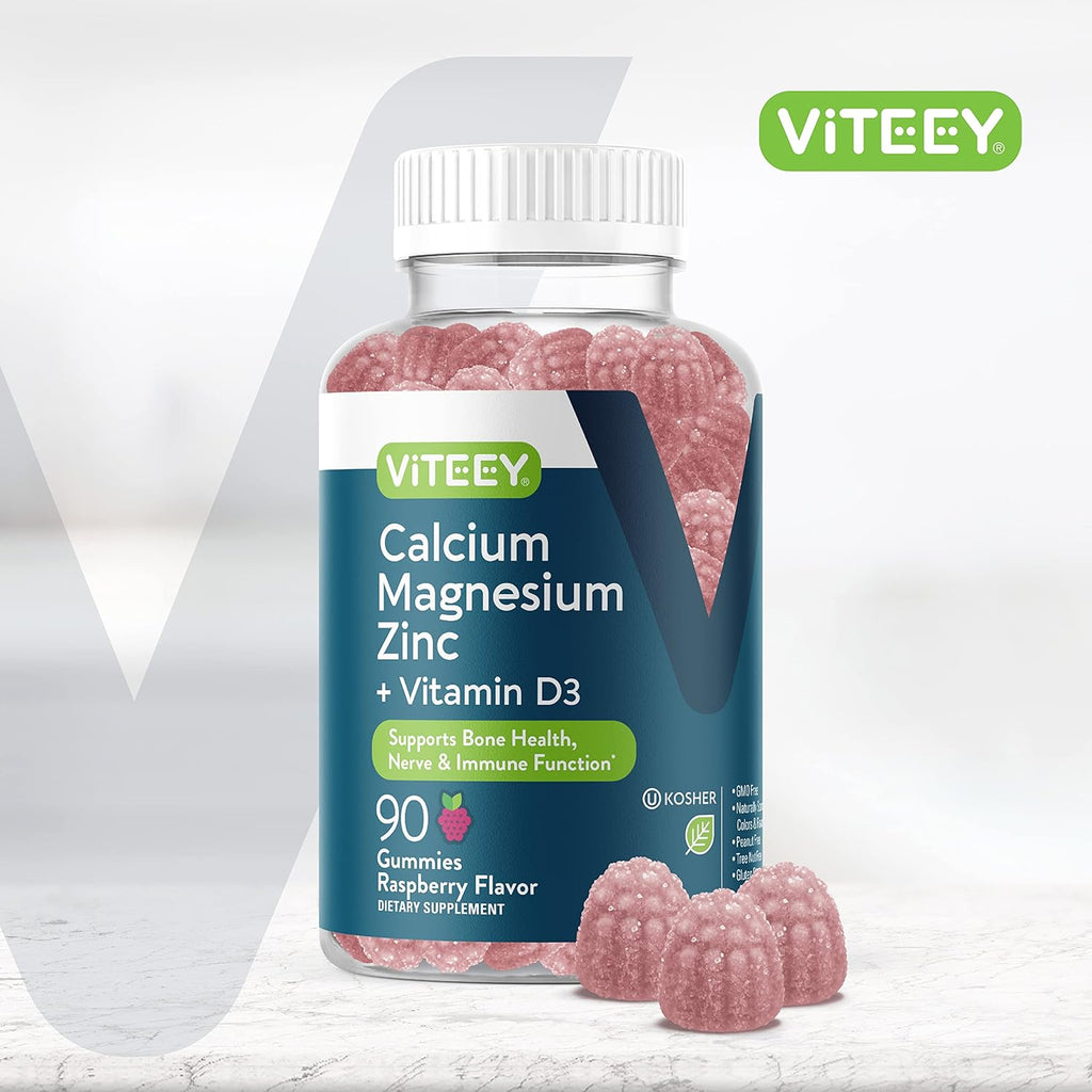 Viteey Calcium Magnesium Zinc Gummies with Vitamin D3 - Supports Bone Health, Nerve & Immune Function - Calcium Magnesium Zinc D3 for Adults & Teens - GMO Free - Chewable Raspberry Flavored Gummy