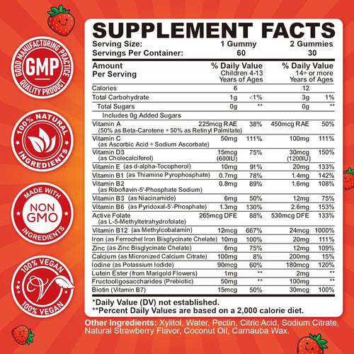 2PCS Iron Gummies for Kids & Teens, Kids Multivitamin with Iron Supplement, Calcium, Folate, Zinc, Prebiotic - for Blood Builder & Energy Support, Iron Deficiency - Vegan & Non-GMO - 120 Count
