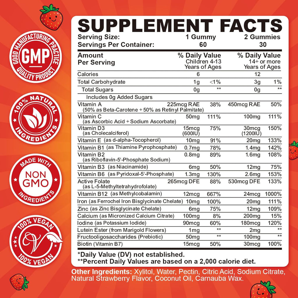 Iron Gummies for Kids & Teens, Kids Multivitamin with Iron Supplement, Calcium, Folate, Zinc, Prebiotic - for Blood Builder & Energy Support, Iron Deficiency - Vegan & Non-GMO - 60 Count