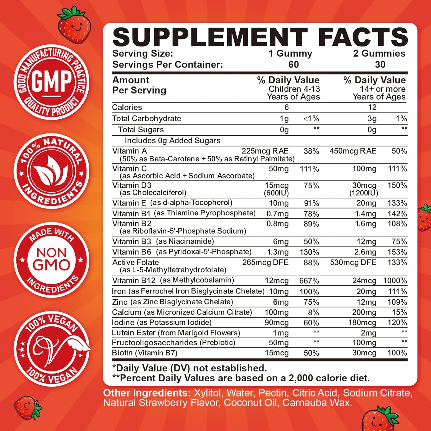 Iron Gummies for Kids & Teens, Kids Multivitamin with Iron Supplement, Calcium, Folate, Zinc, Prebiotic - for Blood Builder & Energy Support, Iron Deficiency - Vegan & Non-GMO - 60 Count