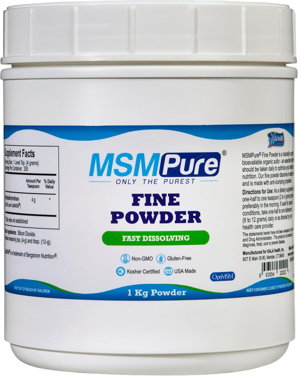 KALA HEALTH MSMPure Fast Dissolving Fine MSM Powder Crystals – US-Made MSM for Joint Health, Skin Appearance, and Hair & Nail Support – 2.2 lb, Organic Sulfur