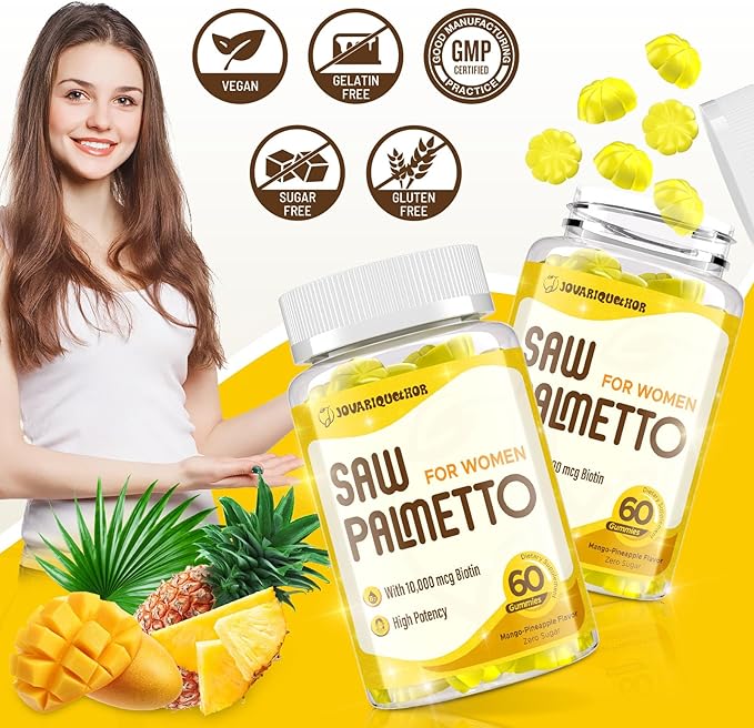 Saw Palmetto for Women - DHT Blocker Hair Growth Supplement - 500mg Potent Saw Palmetto Gummies for Hair, Skin, Nails, Urinary Wellness - Mango-Pineapple Flavor - 120 Gummies