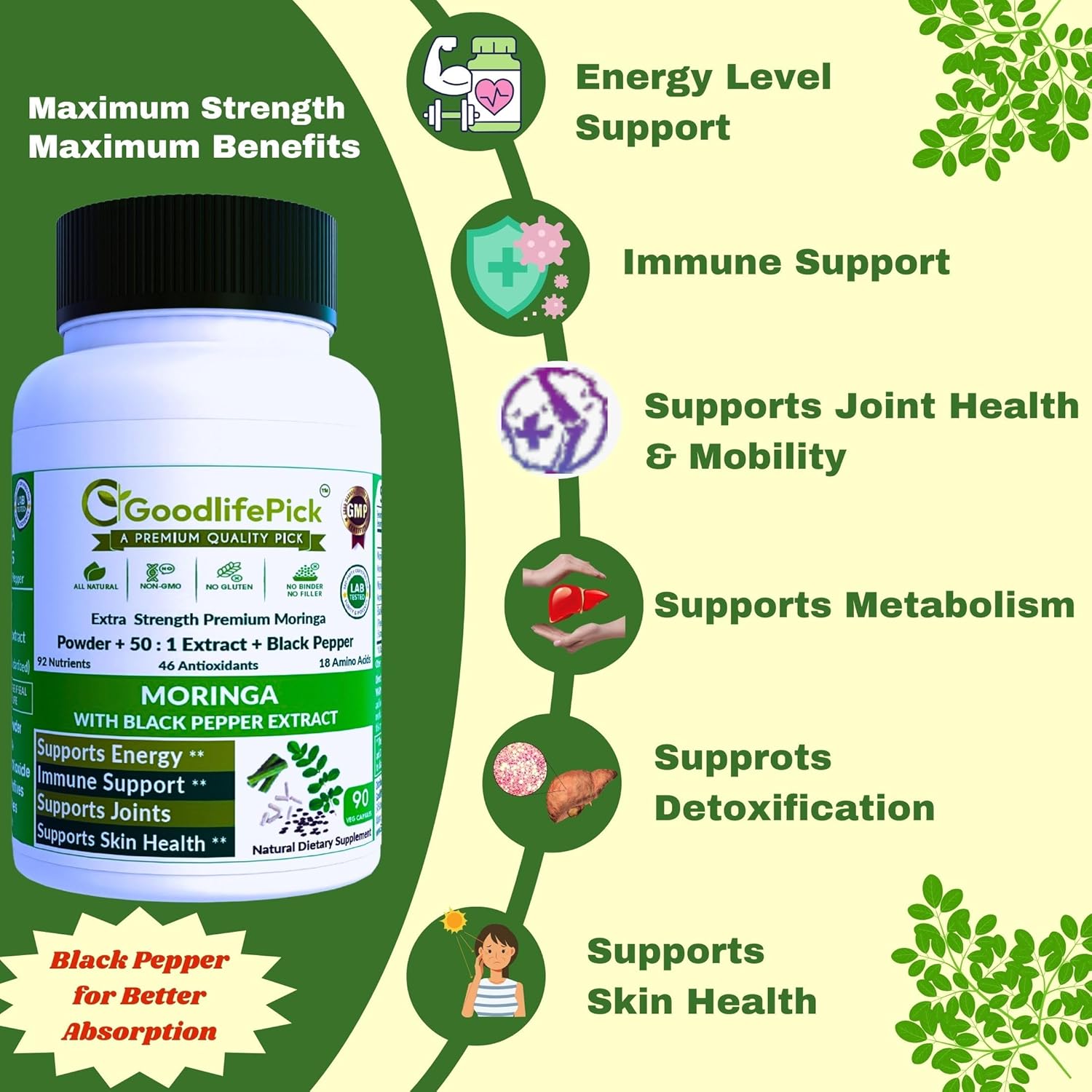 Premium Moringa Capsules. with Black Pepper from Handpicked Moringa Leaves with 50:1 Extract & Moringa Powder for Overall Wellness 90ct AllNatural NonGMO Lab-Tested No Rice Powder No Filler Vegan
