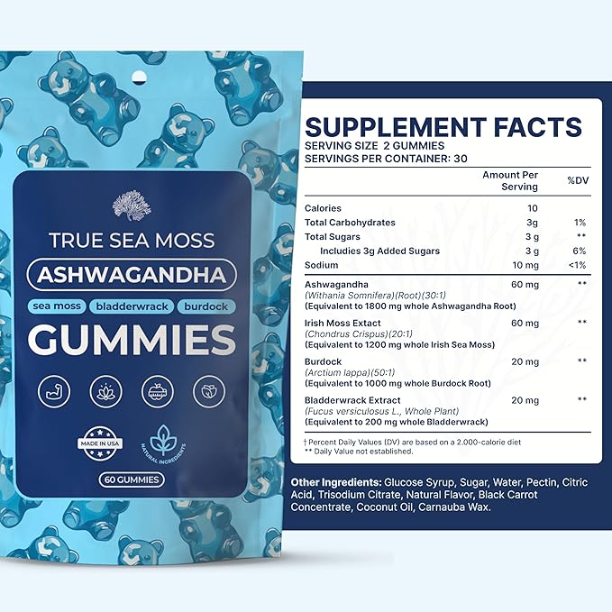 TrueSeaMoss Ashwagandha Gummies for Women & Men – Vegan Formula with Sea Moss, Bladderwrack & Burdock Root – 60 Gummies (30-Day Supply)