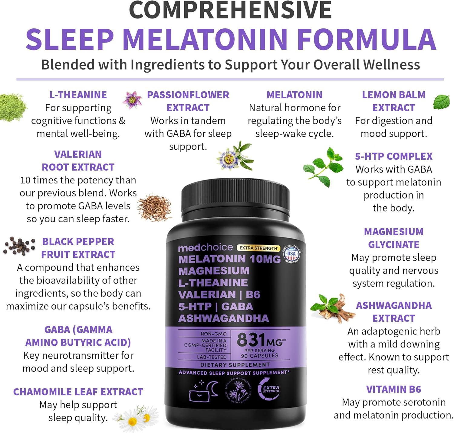 12-in-1 Melatonin Sleep Capsules - 10mg Melatonin Extra Strength with Magnesium and Balanced Blend of Ashwagandha, GABA, Chamomile Extract, L-Theanine & Valerian Root 10:1 Extract (90ct)