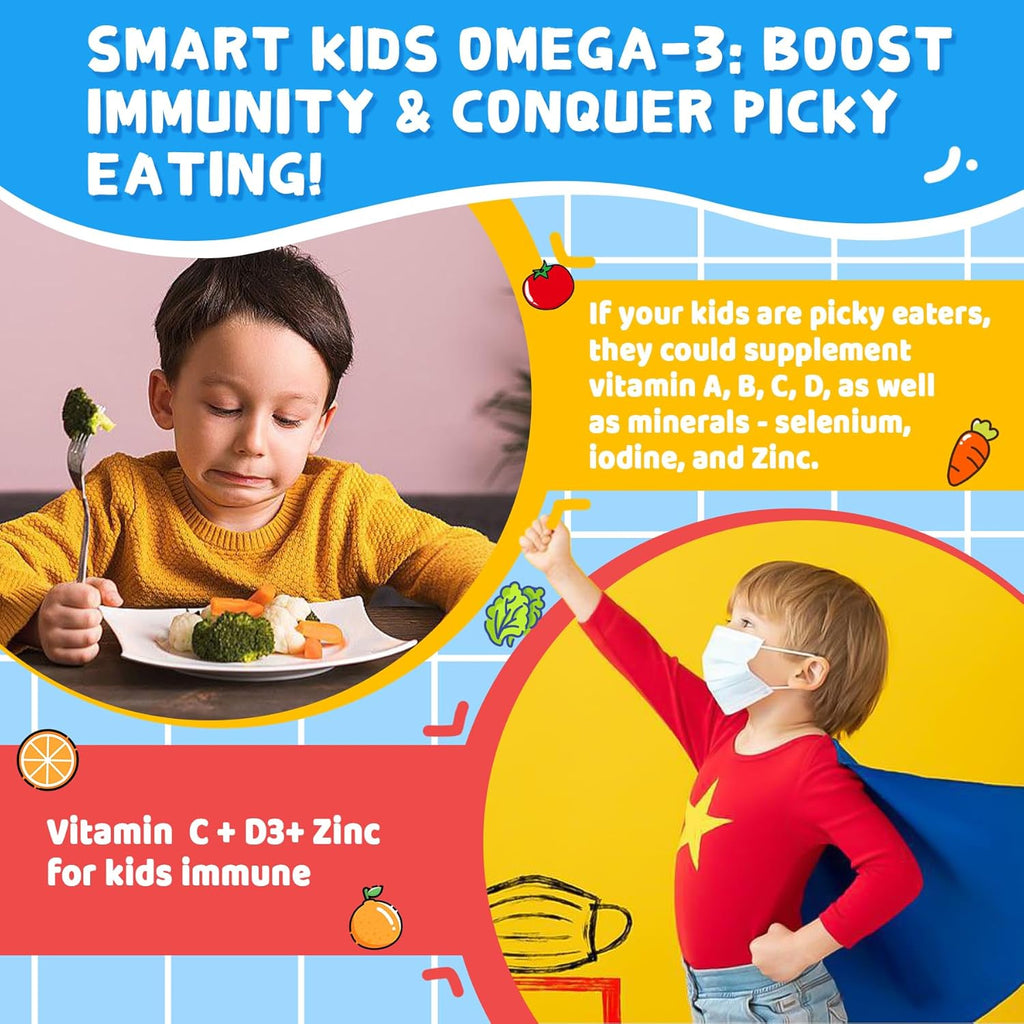 Omega 3 (EPA/DHA) Filled Gummies for Kids with Multivitamin, Calcium + D3 + K2 + Zinc, Plus Vitamin A B1 B2 B12 C, Selenium, Iodine for Brain, Eye, Bone, Energy, No Fish Taste, 2 Pack