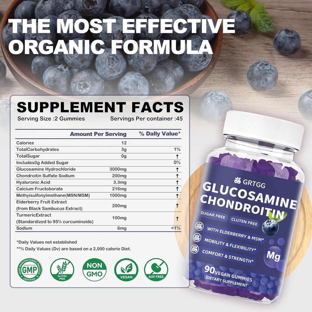 Glucosamine Chondroitin Gummies with MSM & Elderberry Extra Strength 3000MG - Joint Support, Antioxidant Immune Support Supplement for Adults, Men & Women - 90 Blueberry Gummies