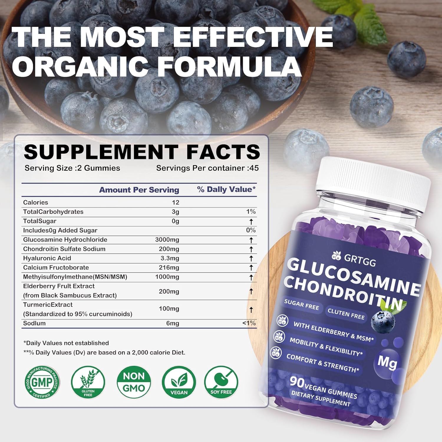 Glucosamine Chondroitin Gummies with MSM & Elderberry Extra Strength 3000MG - Joint Support, Antioxidant Immune Support Supplement for Adults, Men & Women - 90 Blueberry Gummies