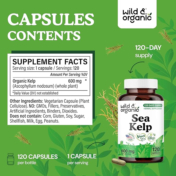 Wild & Organic Sea Kelp Capsules 600 mg - Immune & Overall Support - Sea Kelp Iodine Supplement for Men & Women - Ocean Seaweed Supplement - Vegan, No Fillers, Non-GMO - 120 Count