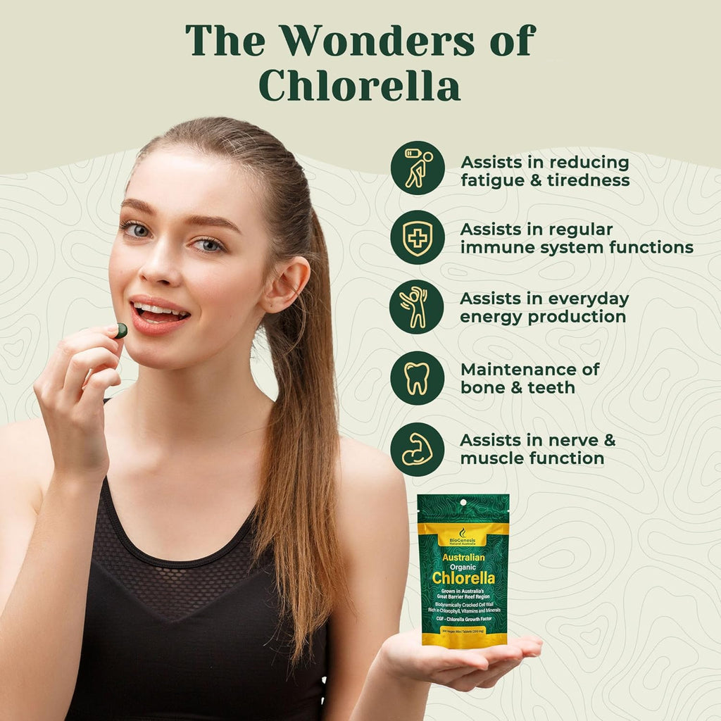 Biogenesis Organic Chlorella Mini Tablets – 300 Count (200mg) | Australian Grown | Rich in Chlorophyll, Vitamins & Minerals | Supports Energy & Immunity | Vegan Mini Tablets