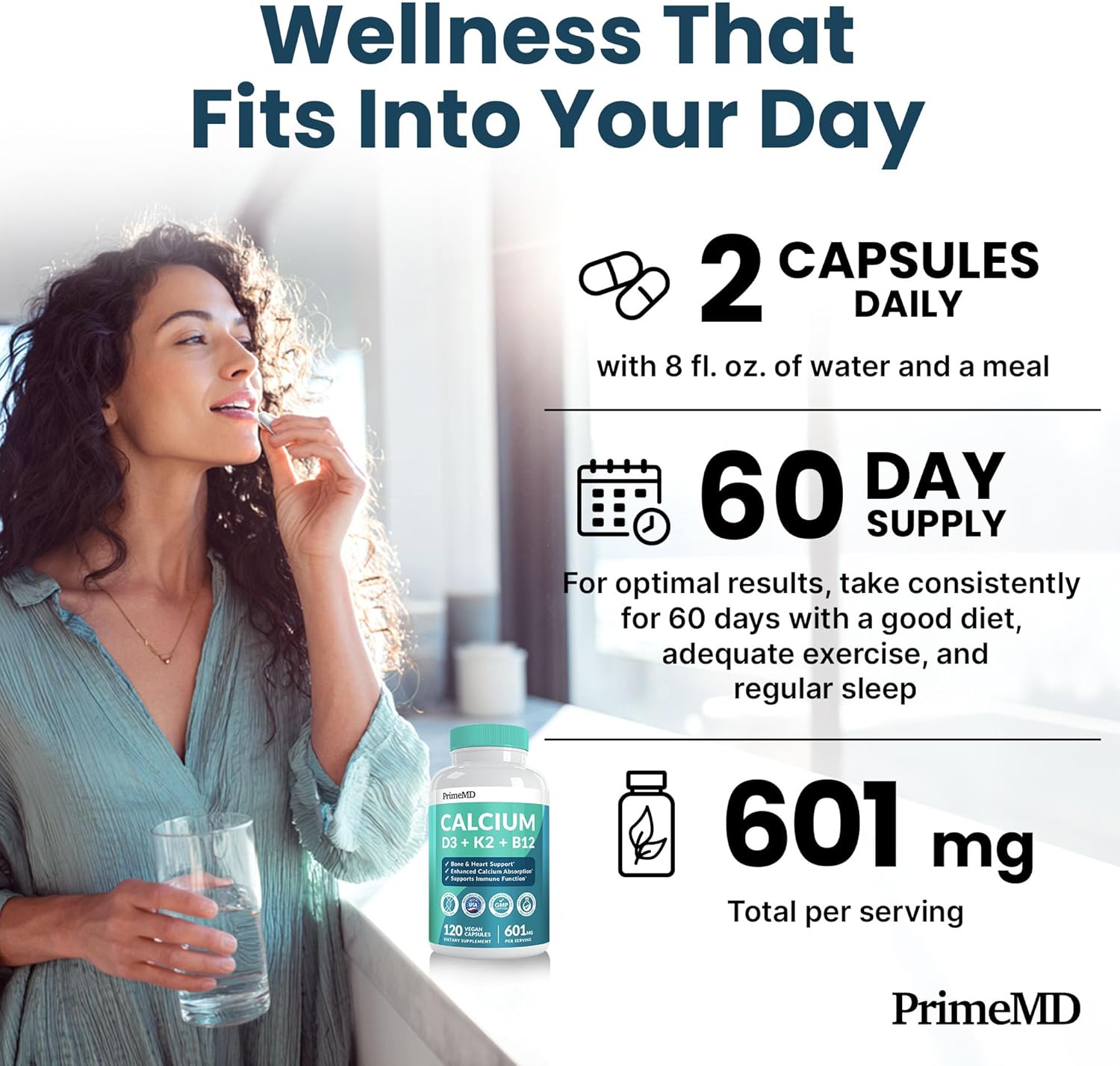 4-in-1 Calcium Supplements for Women and Men - Calcium with Vitamin D3 K2 5000 IU Supplement, 601mg per Serving - Gluten-Free, Vegan-Friendly (120 ct)