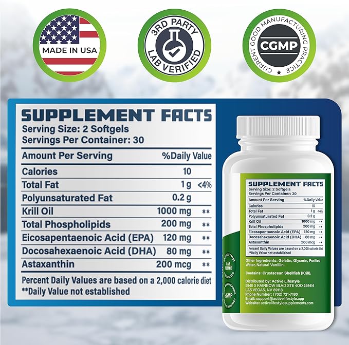 Active Lifestyle Antarctic Krill Oil Supplement, High Absorption EPA, DHA, Astaxanthin & Phospholipid, Red Krill, GMO Free, Gluten Free, Soy Free, Dairy Free, Lab Tested, Made in USA