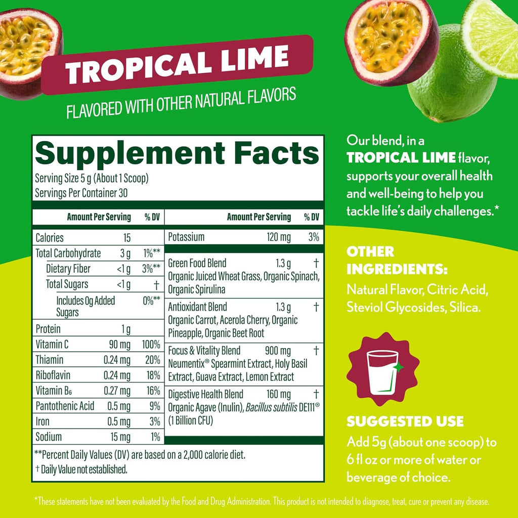 Amazing Grass Sweet Greens and Superfoods Powder for Digestive Health, Greens Powder, Digestive Enzymes, Probiotics, Spirulina, Chlorella, Tropical Lime, 30 Servings