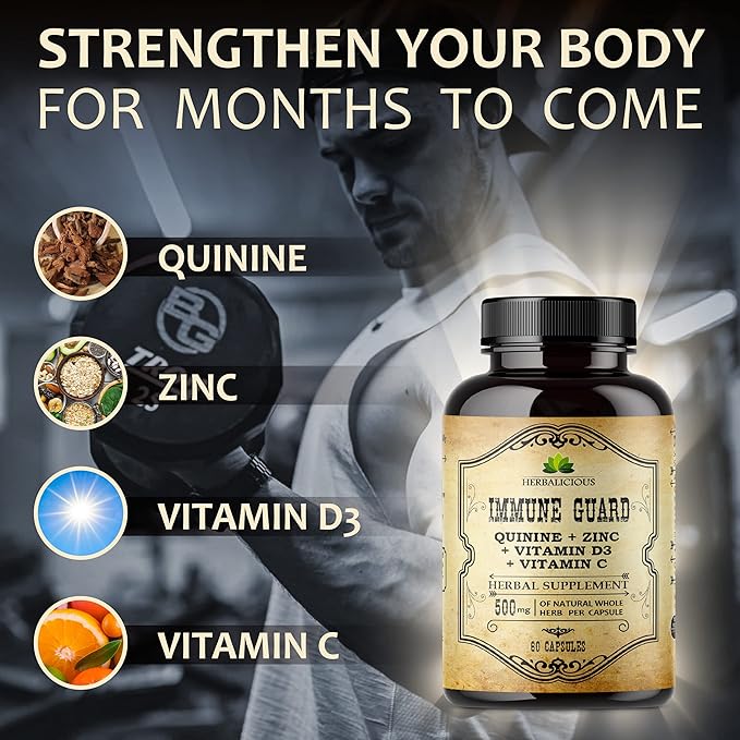 HERBALICIOUS Quinine Immune Guard - Quinine Capsules Supplement with Vitamin C, D3, Zinc - for Muscle Cramps Relief & Stomach Wellness - Non-GMO Cinchona Bark Herbal Supplements - 500mg, 60 Capsules