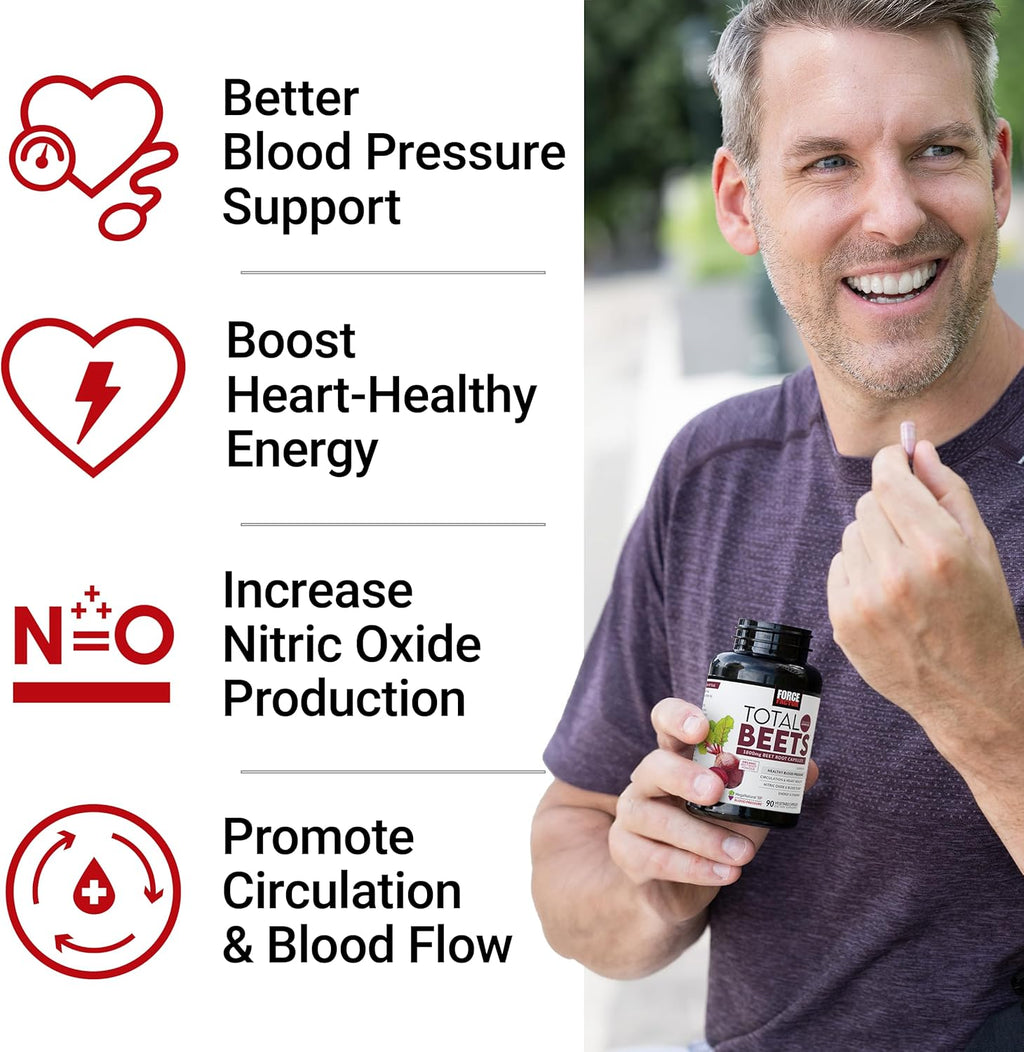 Force Factor Total Beets Blood Pressure Support Beet Root Capsules, 1800mg Organic Beet Root Powder Supplement with Hawthorn Berry to Support Circulation and Blood Flow, 180 Vegetable Capsules