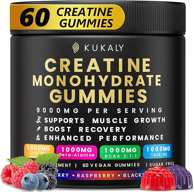 Creatine Monohydrate Gummies for Men & Women, 9000MG Creatine Gummies Sugar Free - Mixed Flavored with L-Taurine, BCAA 2:1, B12 B6 for Boost Strength, Focus & Endurance, Vegan, Non-GMO, 60pcs
