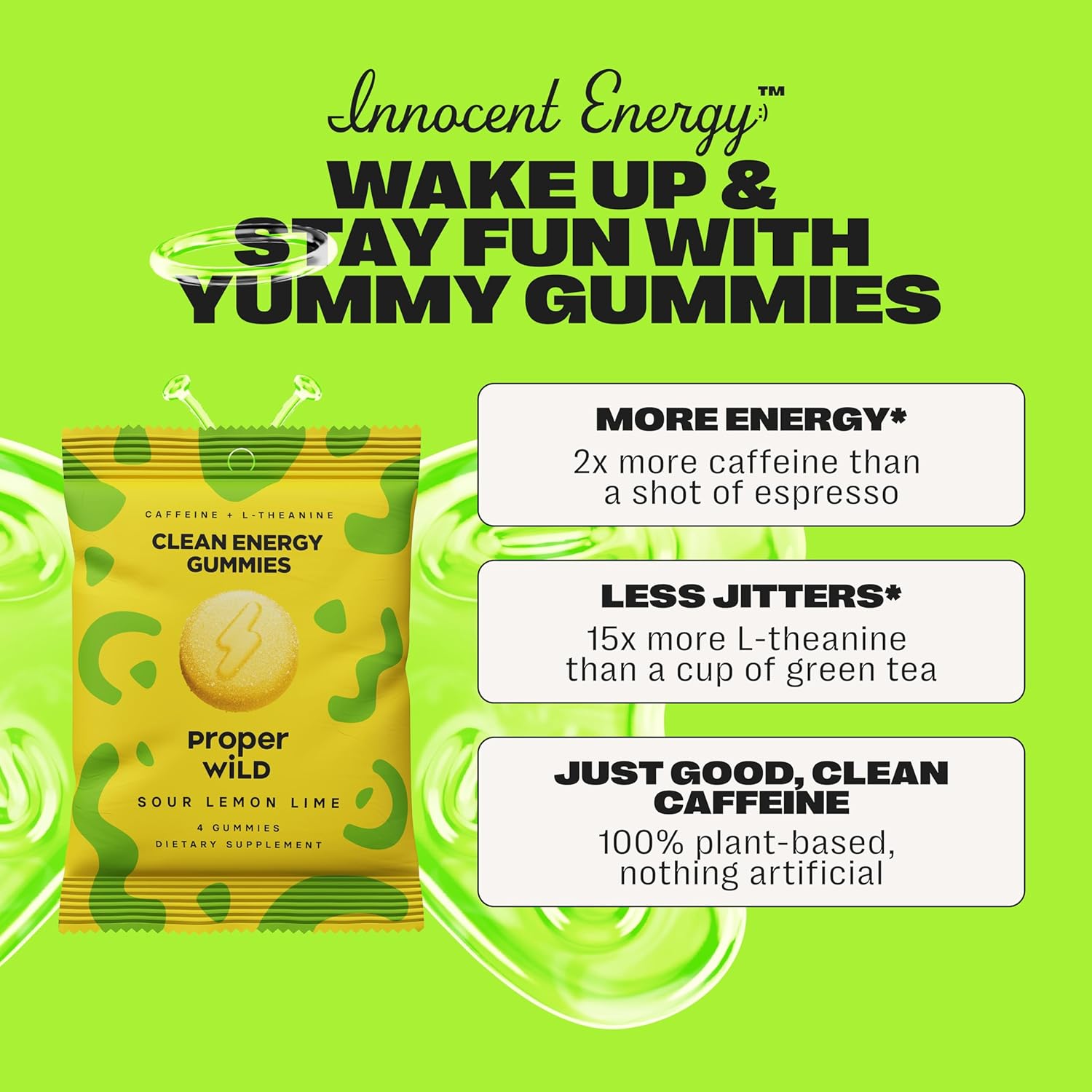 Proper Wild Vegan Energy Gummies with L-Theanine & Organic Caffeine, Clean Energy & Focus, Plant-Based, Gluten-Free, Non-GMO, Dairy-Free, Stevia-Free, Soy-Free, Sour Lemon Lime (10-Pack)