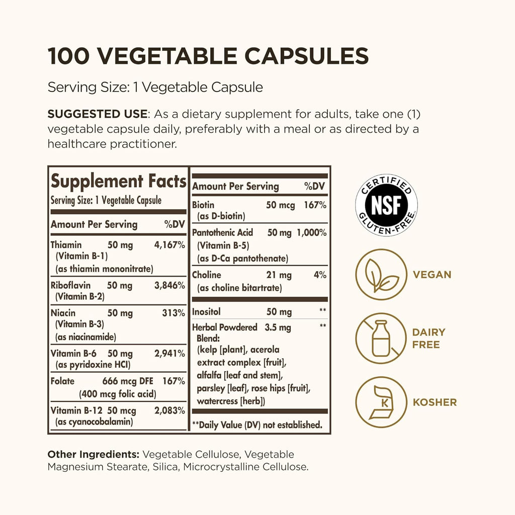 Solgar B-Complex “50”, 100 Vegetable Capsules - Energy Metabolism, Cardiovascular Support, Nervous System Support - Non-GMO, Vegan, Gluten Free, Dairy Free, Kosher - 100 Servings