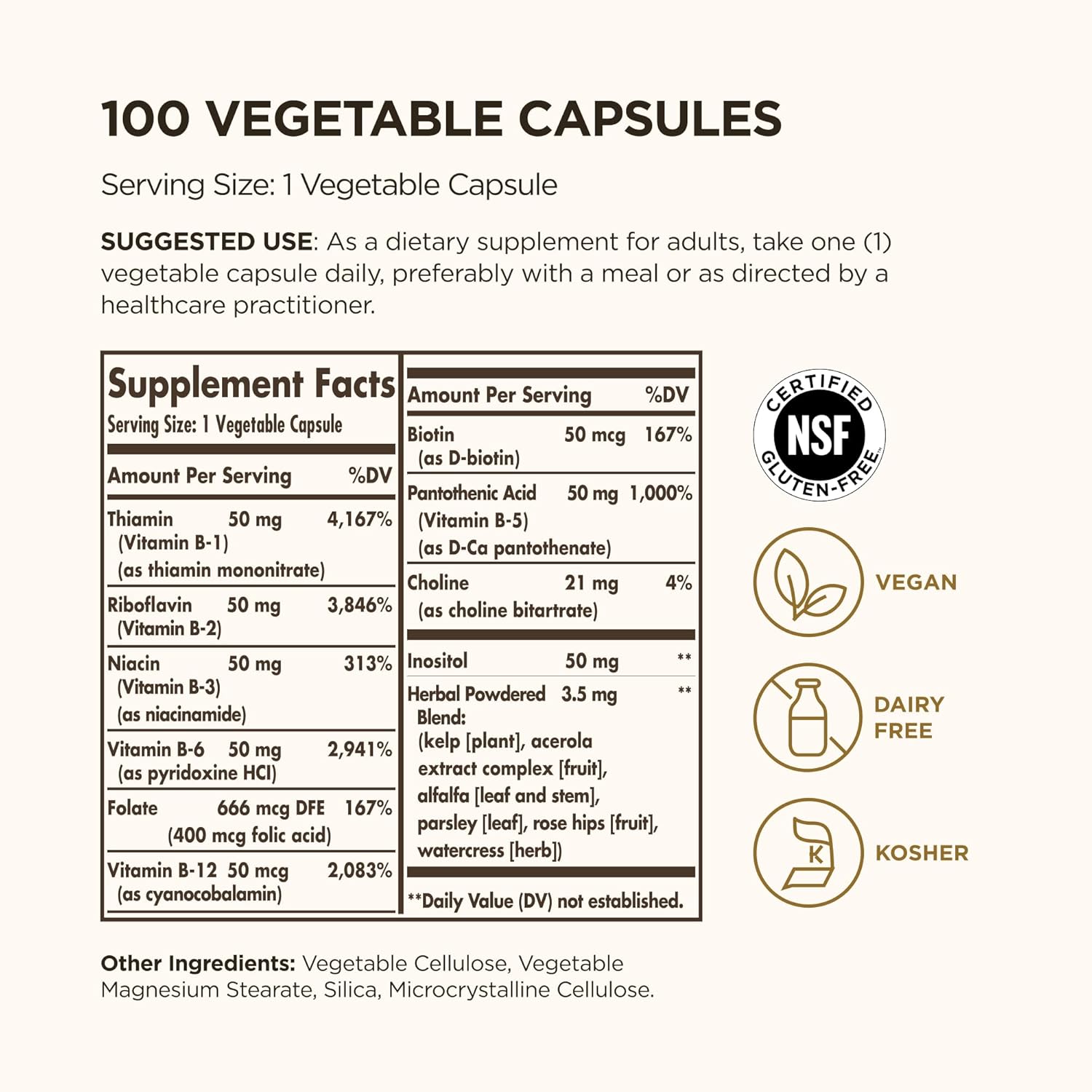 Solgar B-Complex “50”, 100 Vegetable Capsules - Energy Metabolism, Cardiovascular Support, Nervous System Support - Non-GMO, Vegan, Gluten Free, Dairy Free, Kosher - 100 Servings