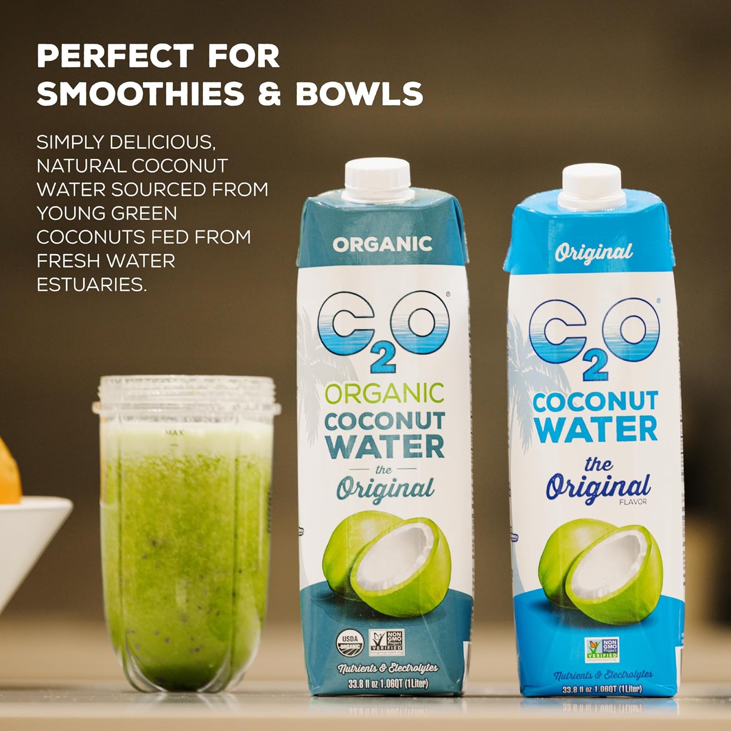 C2O - Organic Coconut Water, The Original Flavor (6 Pack) - Made with Fresh Coconut Water - Plant Based, Non GMO - Natural Hydration, Essential Electrolytes, & Potassium - 6 Tetra Packs, 33.8 FL OZ