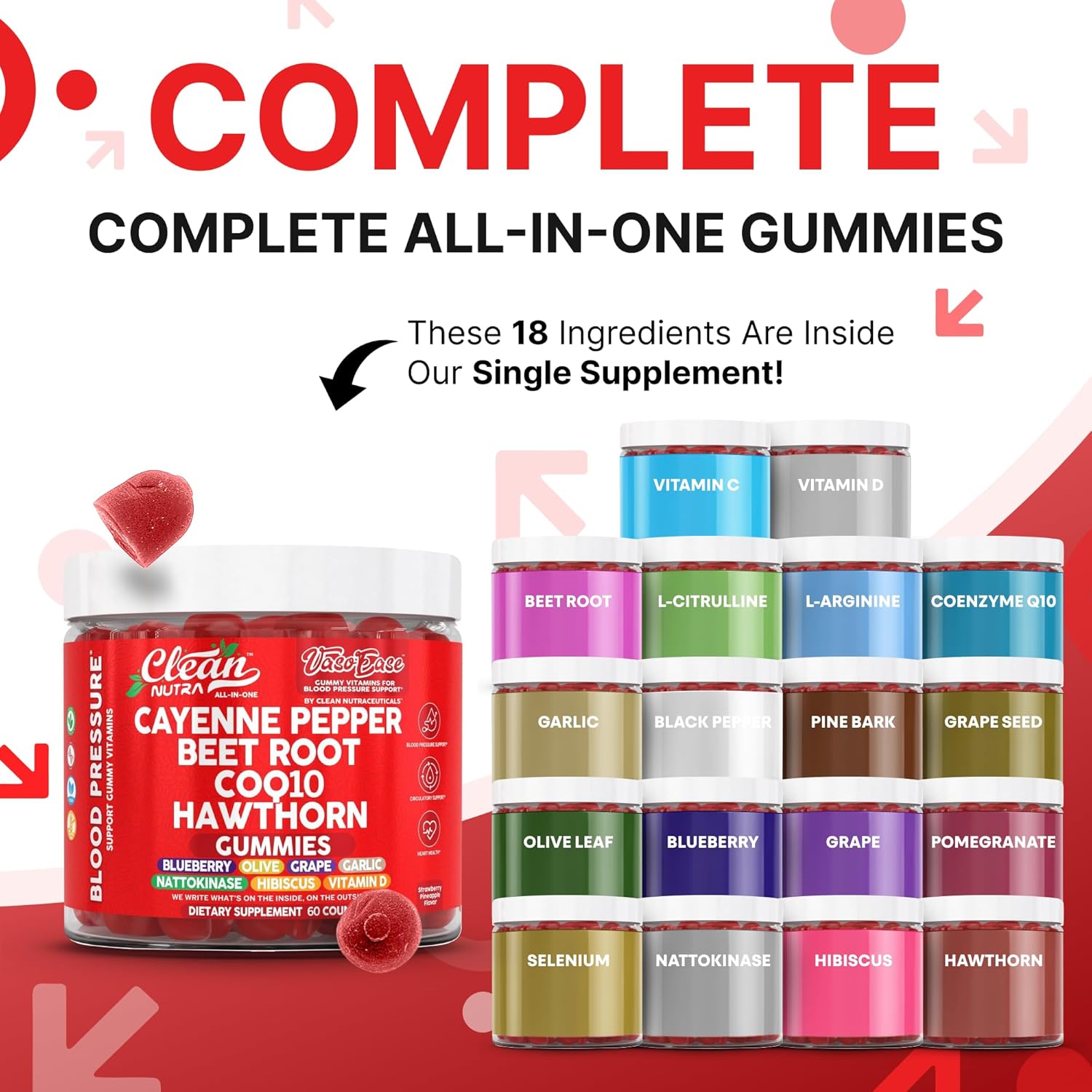 Clean Nutra Cayenne Pepper Beetroot Gummies Beet Root Garlic CoQ10 Hawthorn Berry Grape Seed Extract Olive Leaf Nattokinase Hibiscus Vitamin D Nitric Oxide - VasoEase