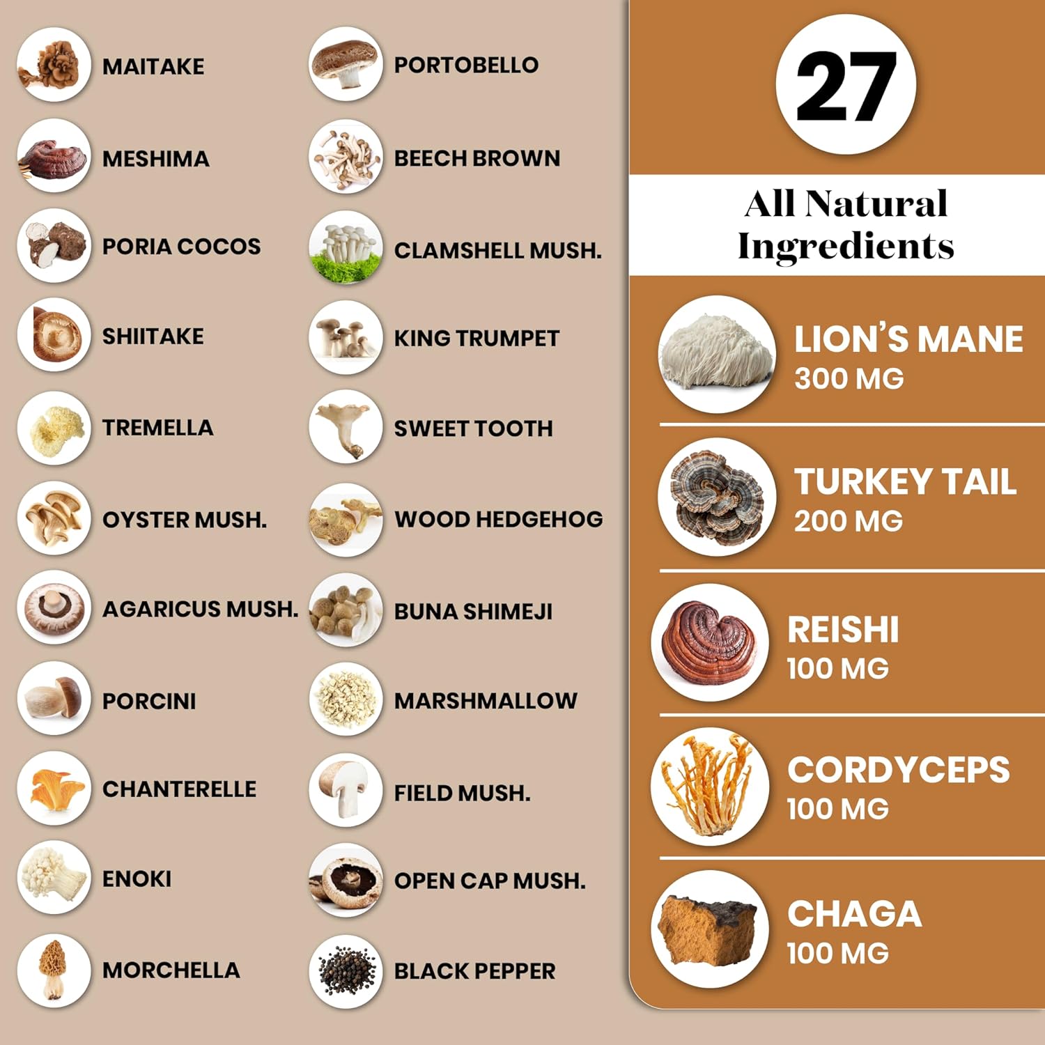 Lions Mane Mushroom Supplement with Turkey Tail Reishi Cordyceps Chaga with Marshmallow Root - 180 Count