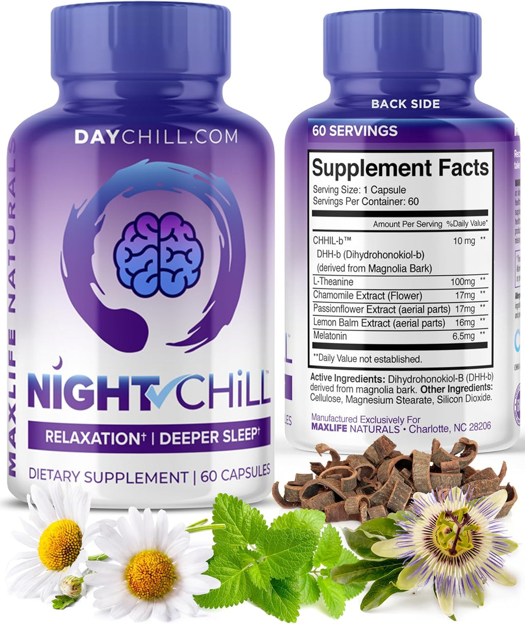 Night Chill Sleep Supplement – 60 Capsules - Restful Sleep Support with DHH-B from Magnolia Bark and L-Theanine Supplement - Stress Calm Mood Support - Sleeping Pills for Adults by MaxLife Naturals