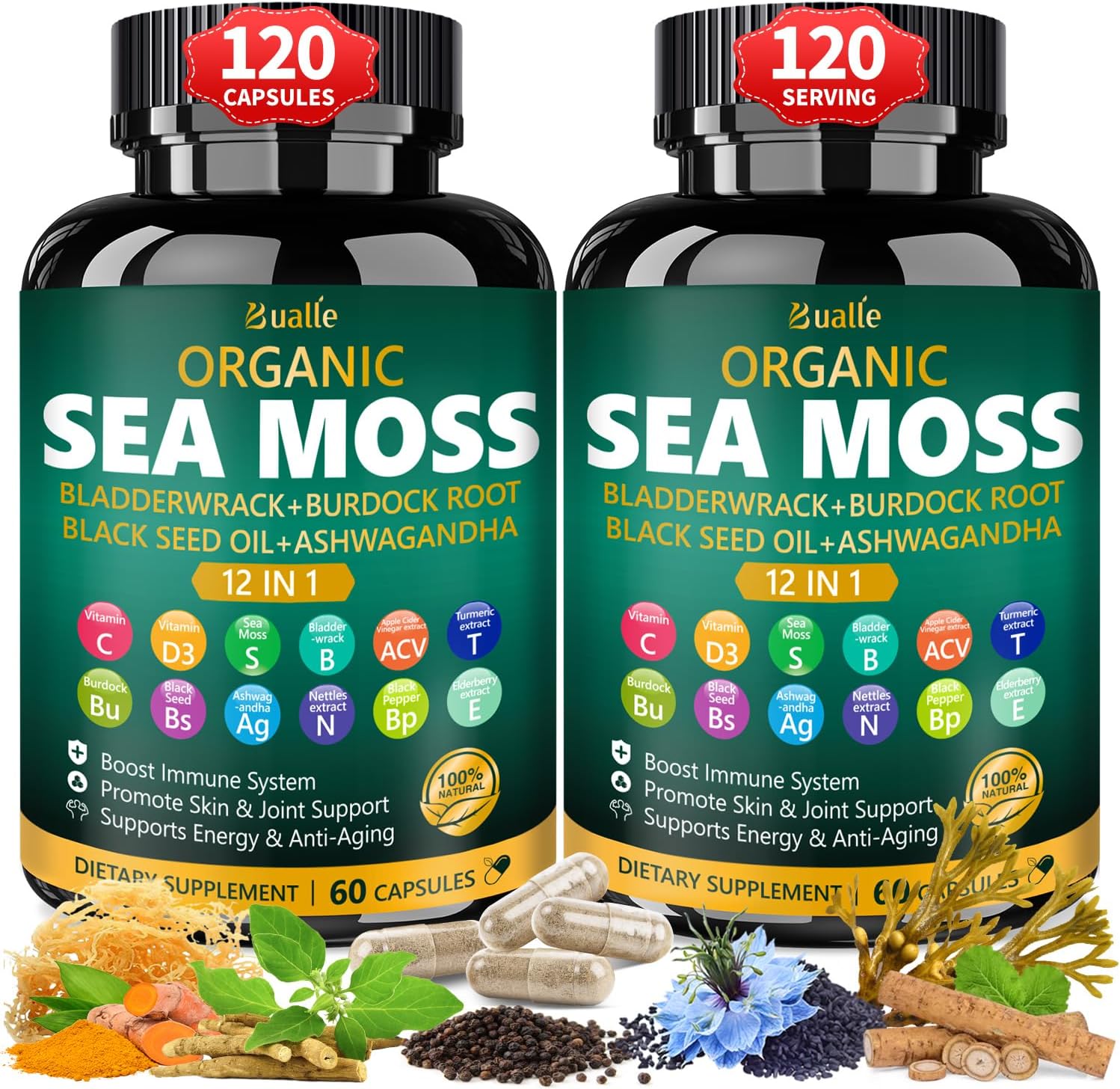 Bualle Organic Sea Moss Capsules with Sea Moss,Black Seed Oil,Ashwagandha,Bladderwrack,Ginger,Burdock Root for Immune System,Skin,Energy Support-120 Capsules (2 Pack)
